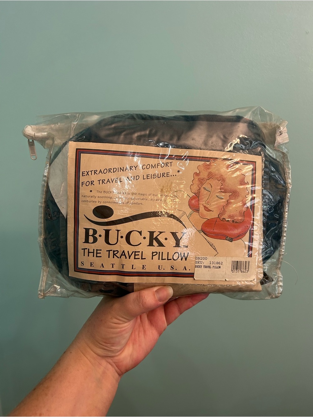 Bucky Original Travel Pillow TEAL Green Fleece Zip Cover MADE USA VTG